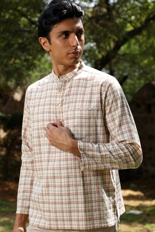 Arka Checked Full Sleeve Short Cotton Kurta For Men Online