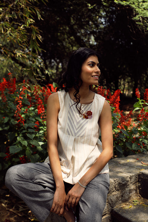 Rangsutra Arka Cotton Offwhite Sleeveless Striped Top