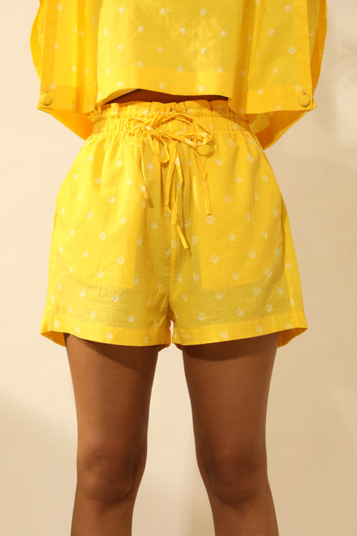 Bandhani Paper Bag Waist Shorts In Electric Yellow