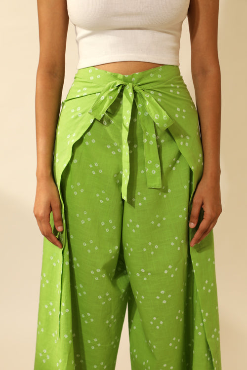 Bandhani Wraparound Pants In Lime Green