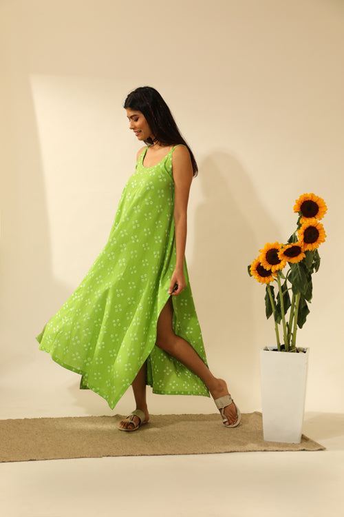 Bandhani Strappy Long Dress In Lime Green