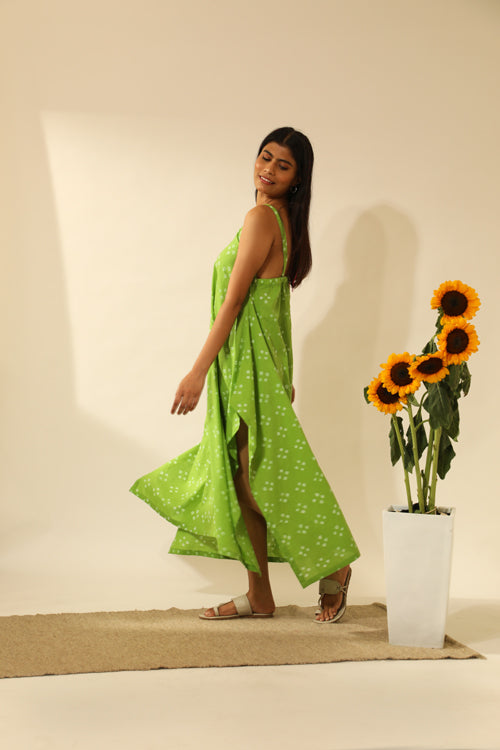 Bandhani Strappy Long Dress In Lime Green