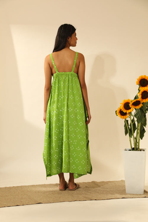 Rangsutra Bandhani Strappy Long Dress In Lime Green