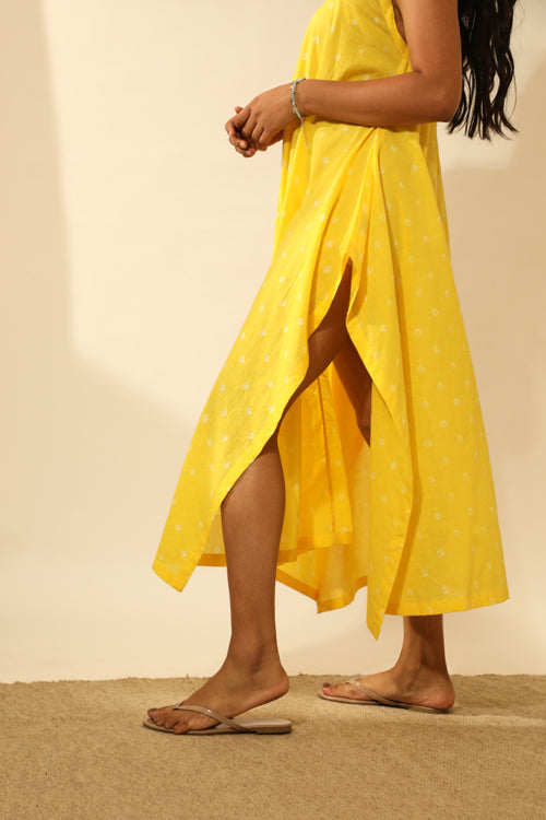 Rangsutra Bandhani Strappy Long Dress In Electric Yellow