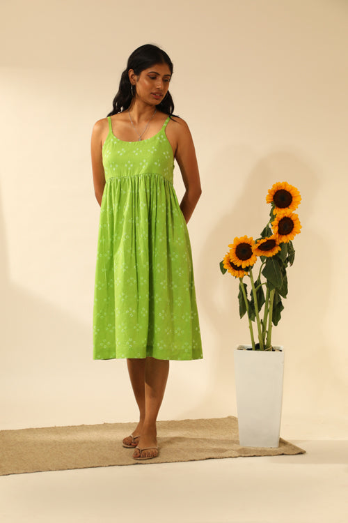 Rangsutra Bandhani Strappy Knee Length Dress In Lime Green Okhaistore Rangsutra Bandhani Strappy Knee Length Dress In Lime Green Okhaistore
