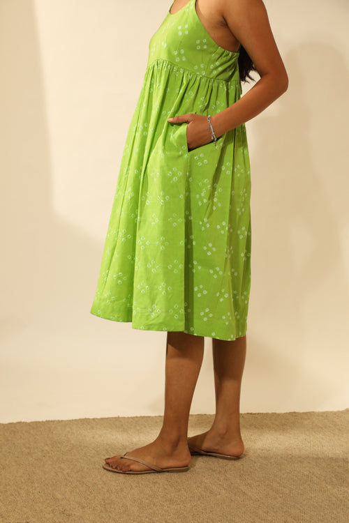 Rangsutra Bandhani Strappy Knee Length Dress In Lime Green