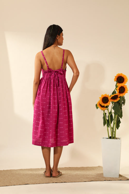 Rangsutra Bandhani Strappy Knee Length Dress In Magenta Pink
