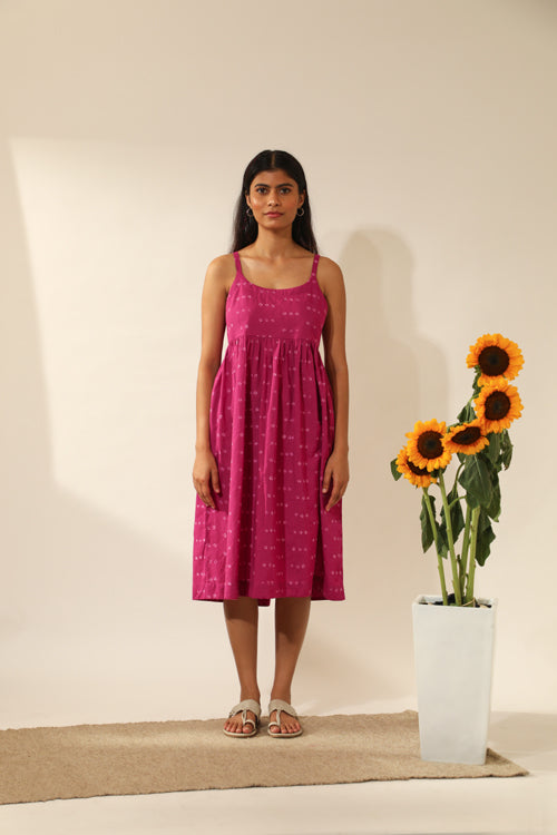 Rangsutra Bandhani Strappy Knee Length Dress In Magenta Pink