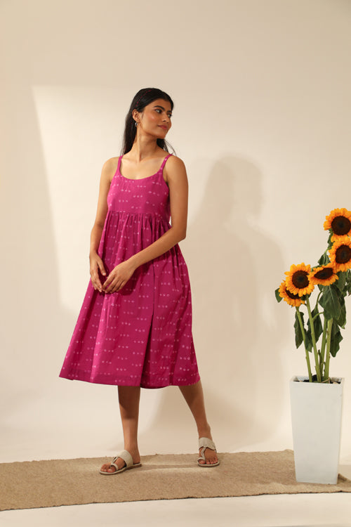 Rangsutra Bandhani Strappy Knee Length Dress In Magenta Pink