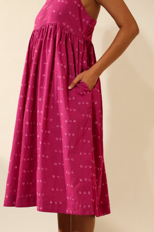 Rangsutra Bandhani Strappy Knee Length Dress In Magenta Pink