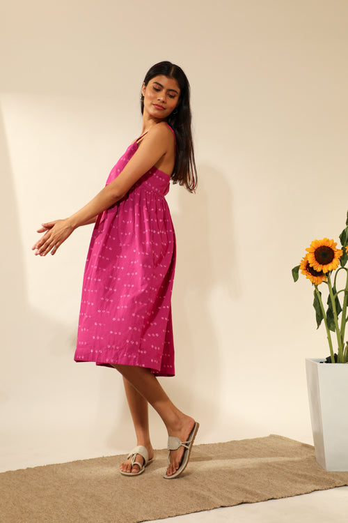 Rangsutra Bandhani Strappy Knee Length Dress In Magenta Pink