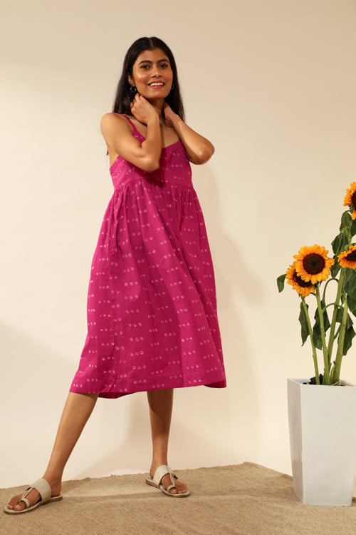 Rangsutra Bandhani Strappy Knee Length Dress In Magenta Pink