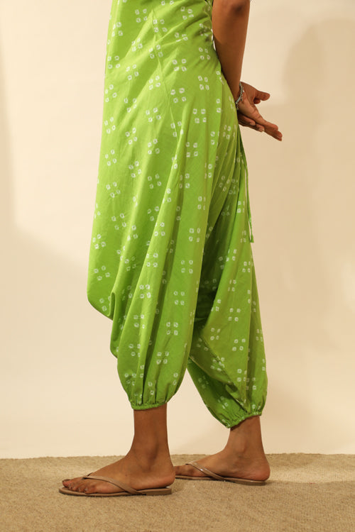 Bandhani Halter Jumpsuit With Drop Crotch In Lime Green