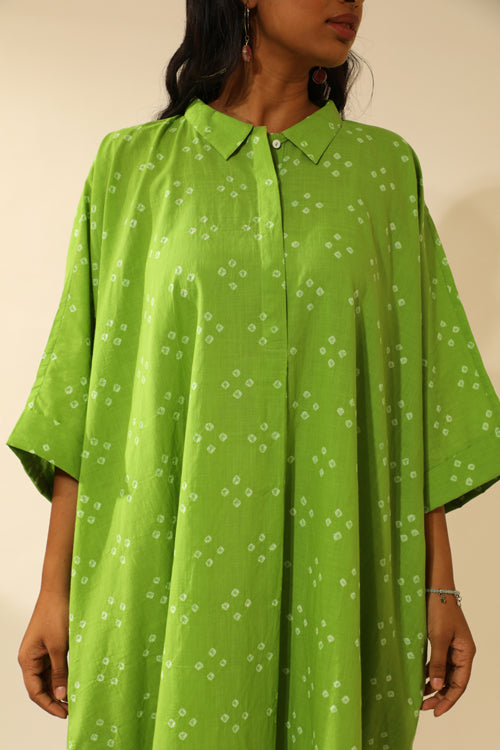 Bandhani A-Line Midi Shirt Dress In Lime Green