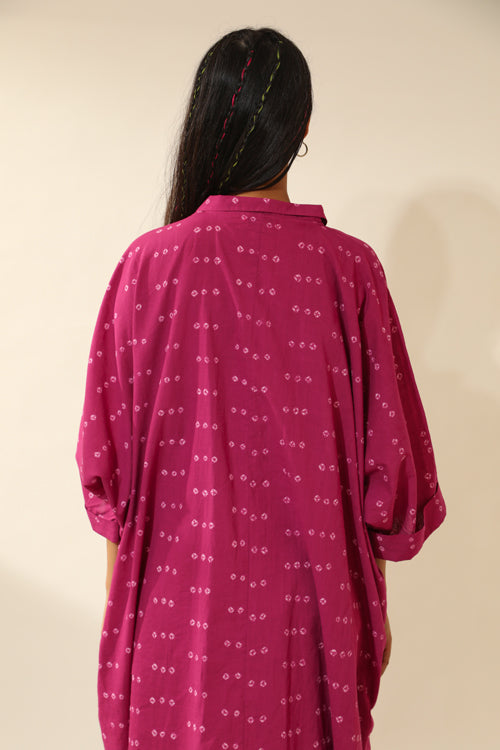 Bandhani A-Line Midi Shirt Dress In Magenta Pink