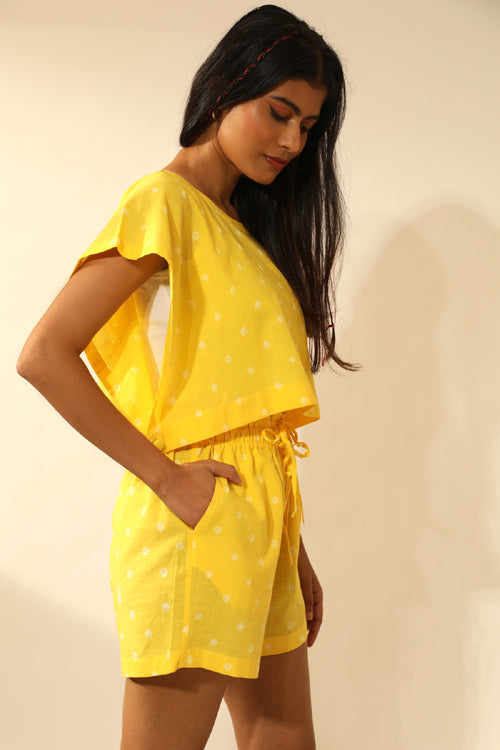 Rangsutra Bandhani Side Open Crop Top In Electric Yellow
