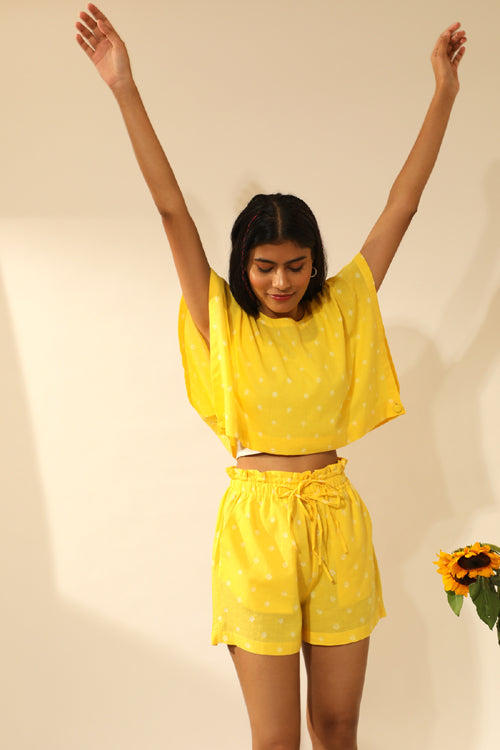 Rangsutra Bandhani Side Open Crop Top In Electric Yellow
