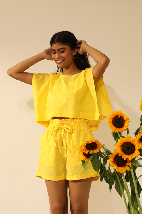 Rangsutra Bandhani Side Open Crop Top In Electric Yellow