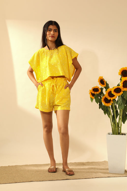 Rangsutra Bandhani Side Open Crop Top In Electric Yellow