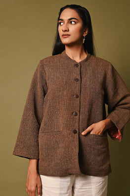 Rangsutra Handwoven Brown Full Sleeve Woolen Jacket