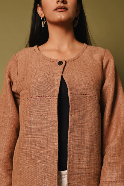 Rangsutra Pink Handwoven Round Neck Woolen Jacket