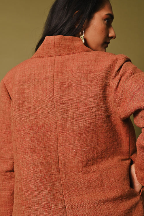 Rangsutra Red Handwoven Shawl Collar Woolen Jacket