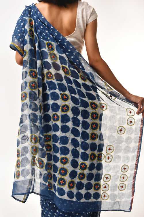 Fiza Indigo Hand-Embroidered Block-Printed Polka Saree