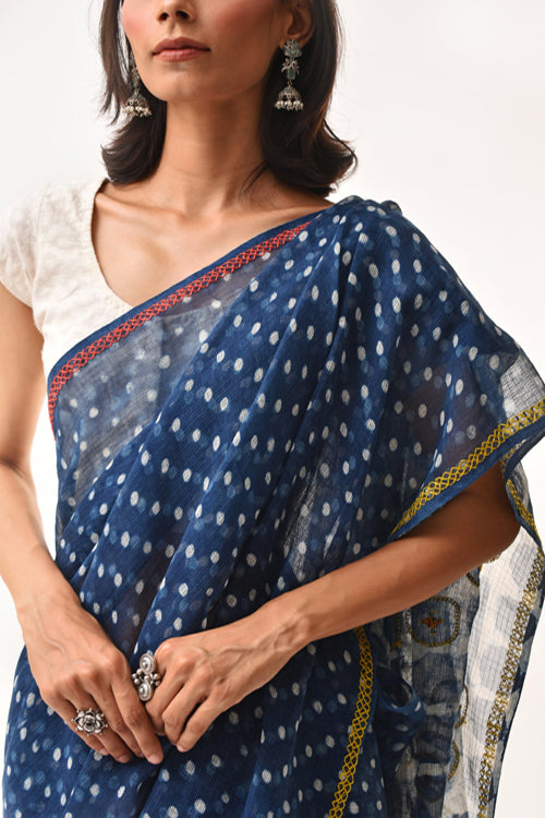 Fiza Indigo Hand-Embroidered Block-Printed Polka Saree