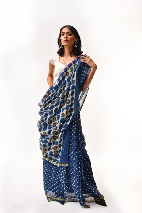Fiza Indigo Hand-Embroidered Block-Printed Polka Saree
