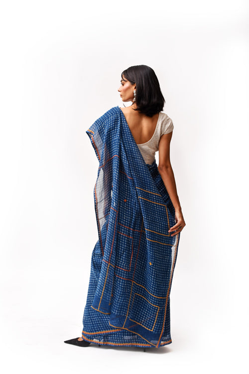 Fiza Indigo Hand-Embroidered Block-Printed Checks Saree