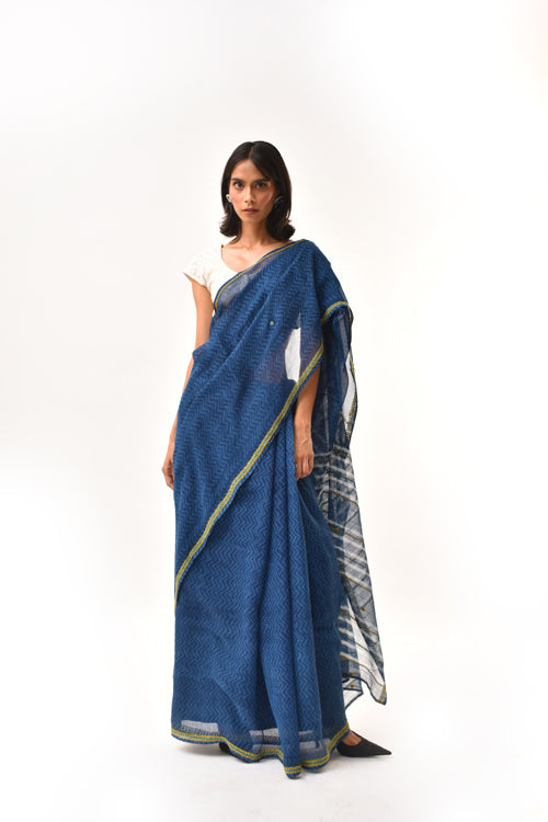 Fiza Indigo Hand-Embroidered Block-Printed Chevron Saree
