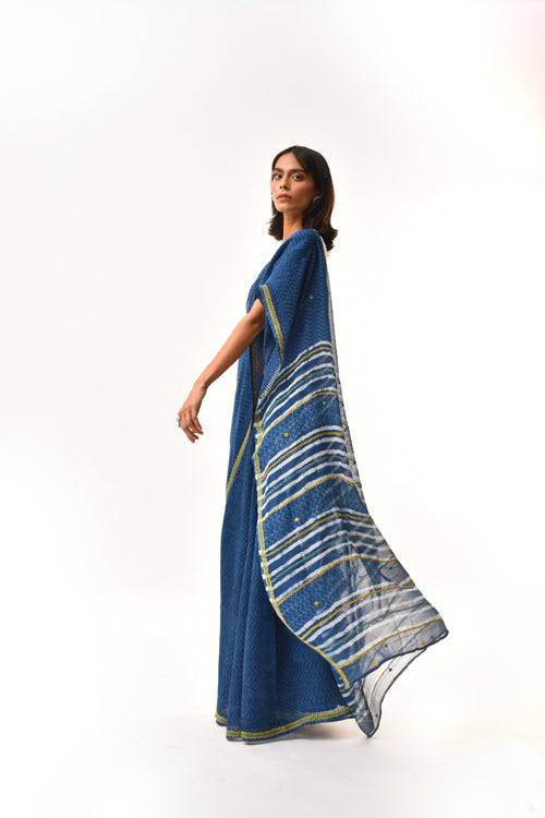 Fiza Indigo Hand-Embroidered Block-Printed Chevron Saree