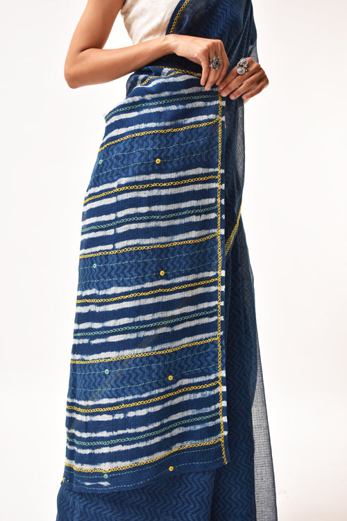 Fiza Indigo Hand-Embroidered Block-Printed Chevron Saree