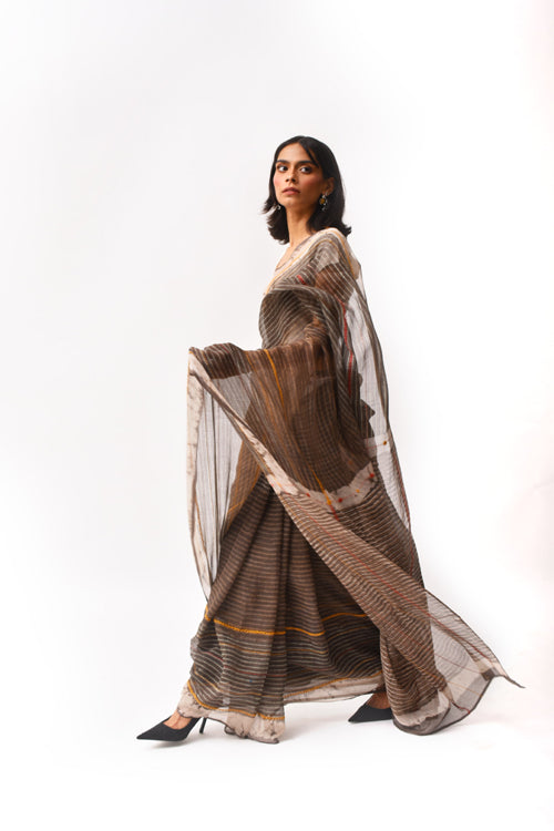 Fiza Brown Hand-Embroidered Block-Printed Stripe Saree