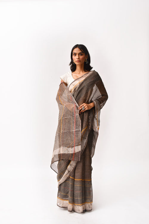 Fiza Brown Hand-Embroidered Block-Printed Stripe Saree