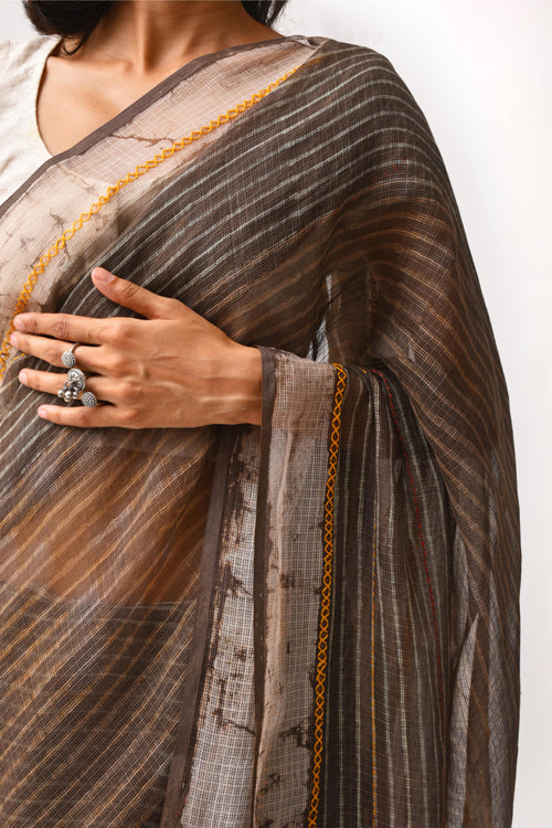 Fiza Brown Hand-Embroidered Block-Printed Stripe Saree