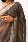 Fiza Brown Hand-Embroidered Block-Printed Stripe Saree