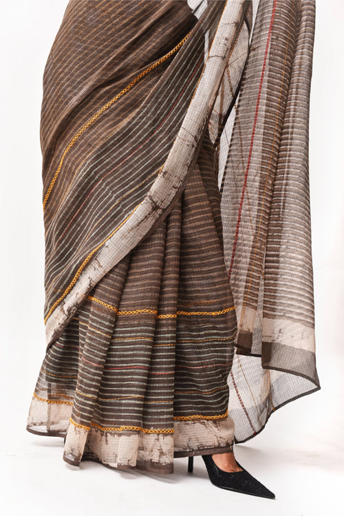 Fiza Brown Hand-Embroidered Block-Printed Stripe Saree