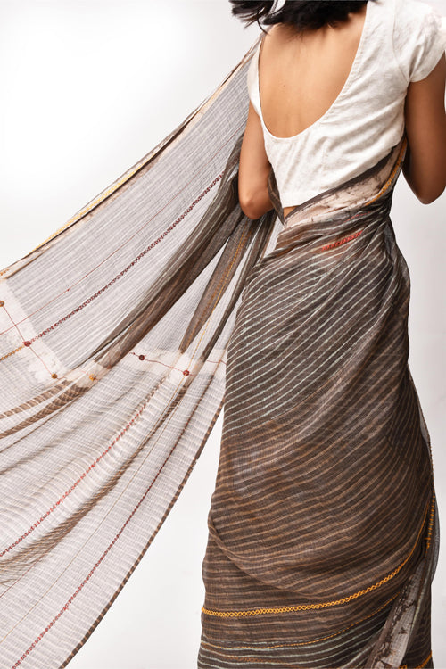 Fiza Brown Hand-Embroidered Block-Printed Stripe Saree