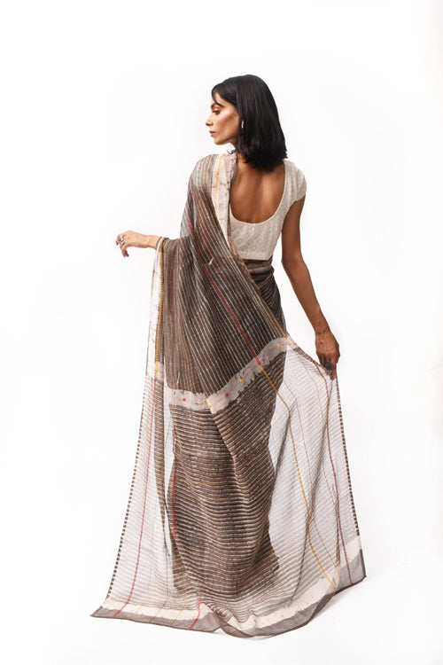 Fiza Brown Hand-Embroidered Block-Printed Stripe Saree