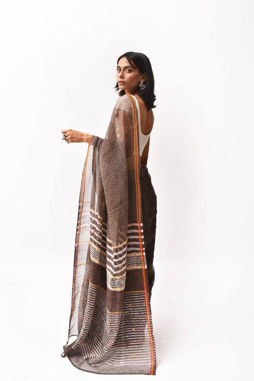Fiza Brown Hand-Embroidered Block-Printed Wave Saree