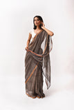 Fiza Brown Hand-Embroidered Block-Printed Wave Saree