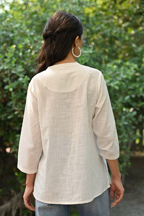 Rangsutra Jasmine Sindhi Hand Embroidered Front Open Cotton Top