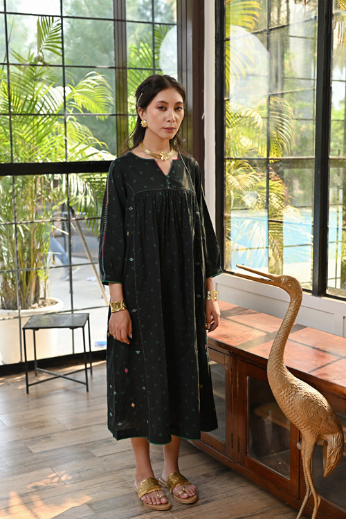 Kaanch Puff Sleeve Bandhej And Embroidered Black Dress