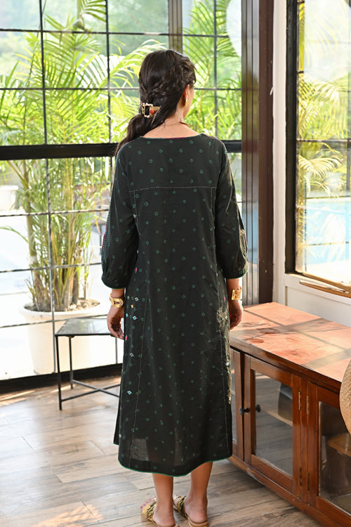 Kaanch Puff Sleeve Bandhej And Embroidered Black Dress