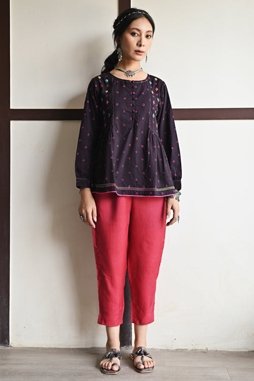Kaanch Puff Sleeve Bandhej And Embroidered Black Top