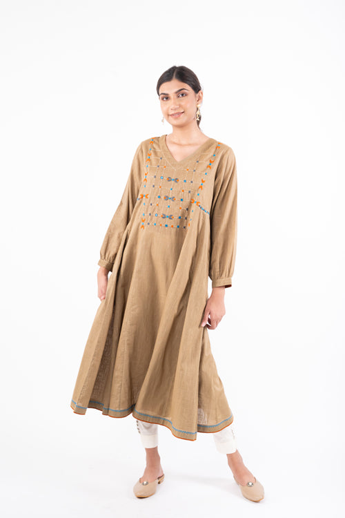 Naman Beige Soof Hand Embroidered Flared Kurta