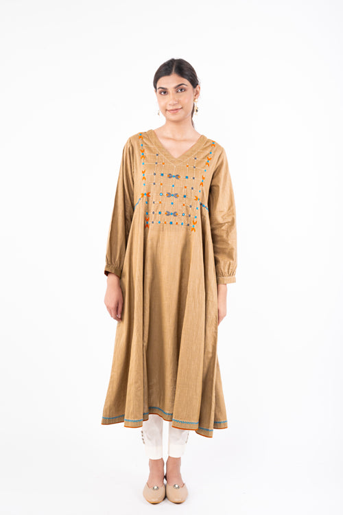 Naman Beige Soof Hand Embroidered Flared Kurta