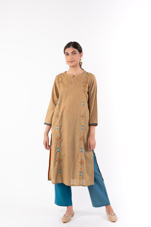 Rangsutra Naman Beige Soof Hand Embroidered Straight Kurta