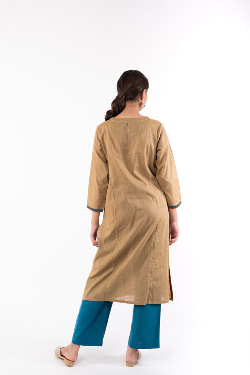 Rangsutra Naman Beige Soof Hand Embroidered Straight Kurta